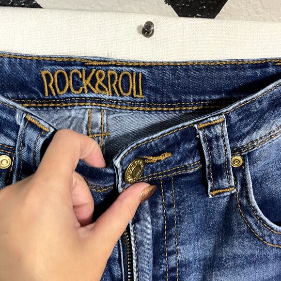 Rock & Roll Cowgirl High Rise Palazzo Flare Jeans Dark Wash Slit Hem - Size 27 - Picture 5 of 11